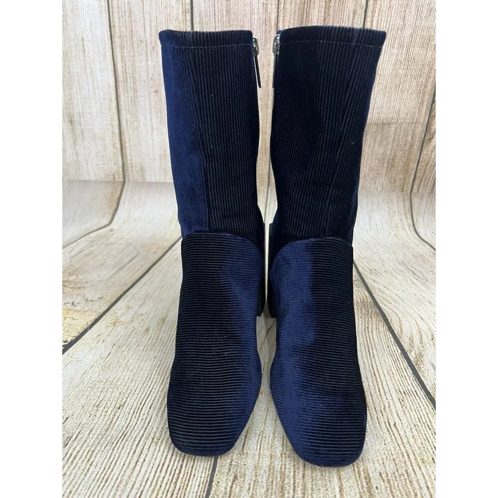 H By Halston Kandi Navy Blue Velvet Corduroy 7.5M Mid Calf Block Heel Y2K‎